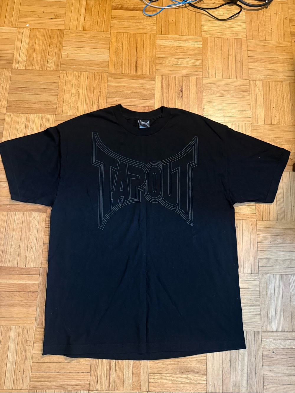 Vintage Y2K Tapout Black Short Sleeve Tee front and back Logo bood bullet holes